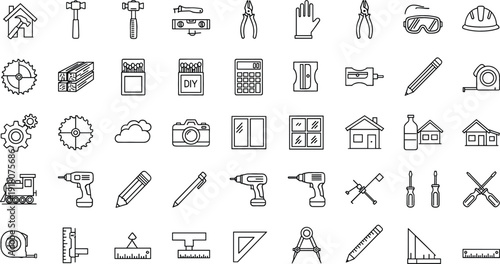 Construction tools and building equipment outline icon set DIY repair vector collection isolated on white background