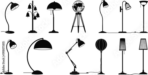 Modern and vintage floor lamp silhouettes collection featuring decorative home lighting fixtures in elegant black vector illustration set isolated on white background