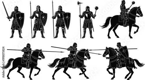 Medieval knight and cavalry silhouettes collection featuring armored warriors, horses, shields, and weapons in historical black vector illustration set isolated on white background