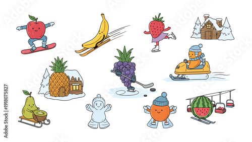 Fruits Winter Sports: A whimsical collage showcases anthropomorphic fruits engaging in various winter sports, capturing a fun and playful vibe.
