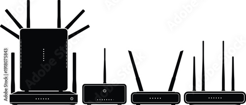 Modern wireless router silhouettes collection featuring WiFi network equipment with antennas in black vector technology illustration set isolated on white background