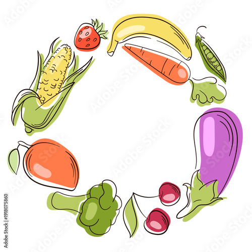 Fruit and vegetable wreath in flat style. Illustration circular frame with banana, carrot, corn, eggplant and berries isolated on white for healthy food design.