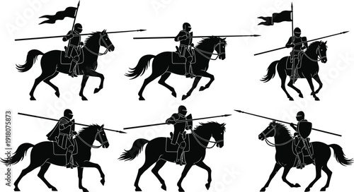Mounted medieval knight silhouettes with lances and flags, cavalry warriors on horses in historical black vector illustration set isolated on white background