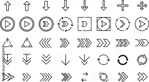 Arrow navigation and media control outline icon set direction play vector collection isolated on white background