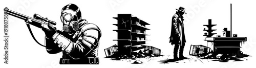 Post apocalyptic scene with soldier in gas mask and survivors in ruined city