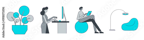 Flat Vector Modern Remote Work and Ergonomic Office Life Illustration Asset Sheet for Productivity Blogging