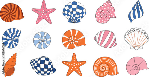 Colorful Seashell and Starfish Cartoon Vector Collection with Spiral Shells, Scallop, Conch and Nautical Beach Elements