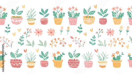 Doodles cute seamless pattern. Color vector background, spring theme. Illustration with pots, leaves and flowers. Design for T-shirt, textile and prints. .vector icon
