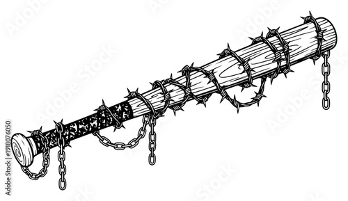 Wooden baseball bat wrapped in barbed wire and metal chains as a post apocalyptic weapon