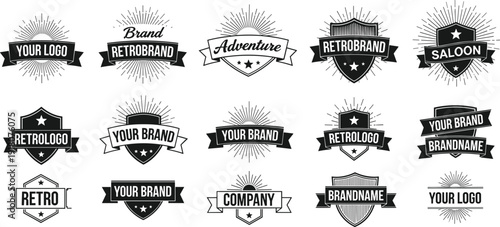Vintage retro badge and logo collection featuring ribbon labels, shields, and sunburst emblems in black vector style isolated on white background