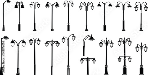 Vintage street lamp silhouettes collection featuring decorative city light posts in classic black vector style isolated on white background