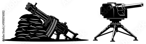 Set of heavy military weapons including a machine gun and cannon on tripod