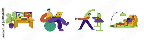 Flat Vector Remote Work Lifestyle Graphic Set for Modern Home Office and Ergonomic Wellness Themes