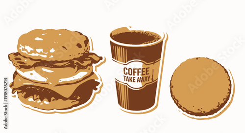 Hand-drawn breakfast sandwich, coffee and hash brown take away