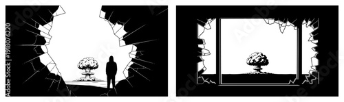 Dramatic view of nuclear mushroom cloud through broken wall and window frame in post apocalyptic style