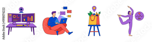 Flat Vector Remote Work and Healthy Lifestyle Illustration Set for Modern Digital Wellness and Productivity