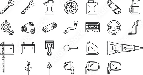 Automotive mechanical parts outline icon set car engine tools vector collection isolated on white background
