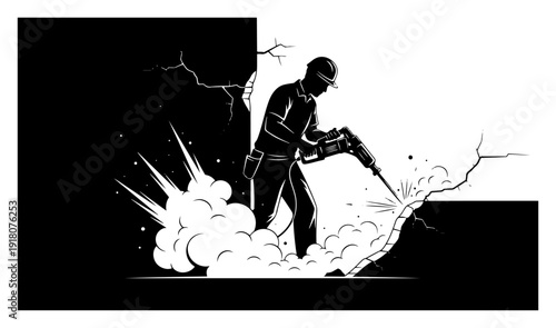 Demolition worker using pneumatic jackhammer to break concrete wall with dust