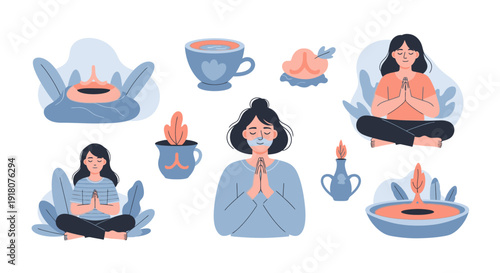 Illustration of people meditating in various poses with tea and candles in a serene environment from a top-down viewpoint