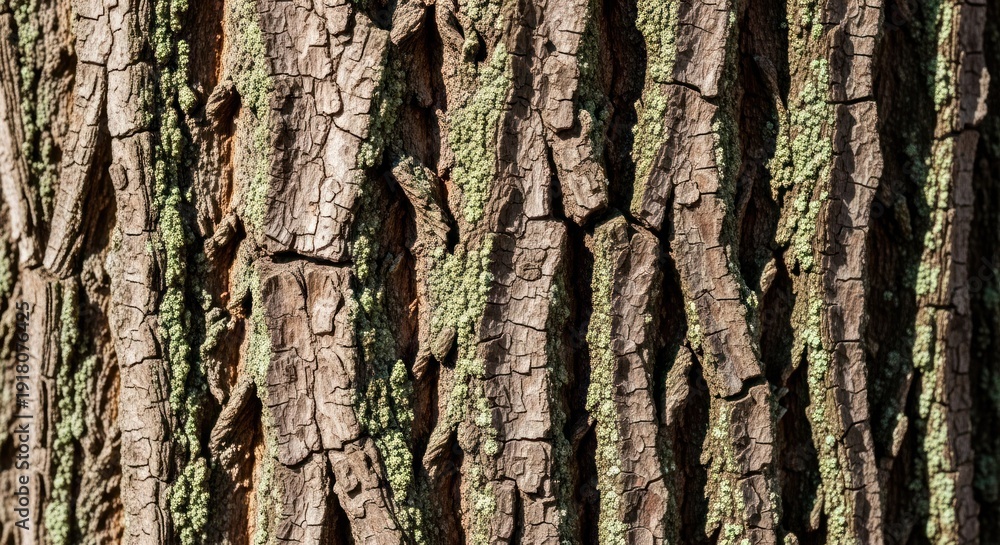 Obraz premium A tree bark texture with green lichen on it.