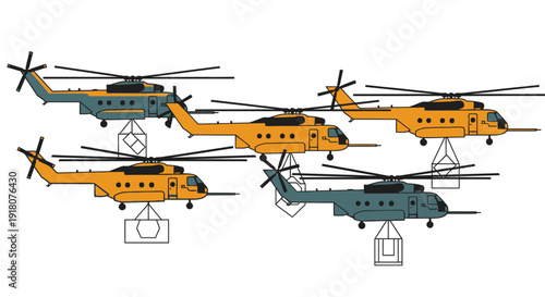 Illustrative yellow and blue transport helicopters carrying cargo