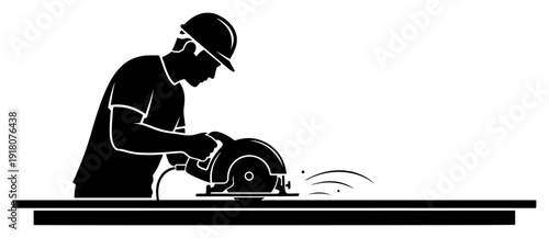 Professional builder using a circular power saw to cut wooden board