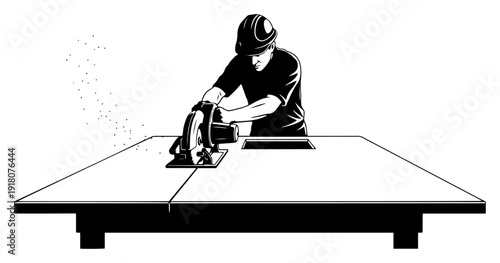 Woodworker using a circular saw on a workbench with flying sawdust