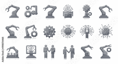 Industrial automation, robotics, and AI technology concept icons