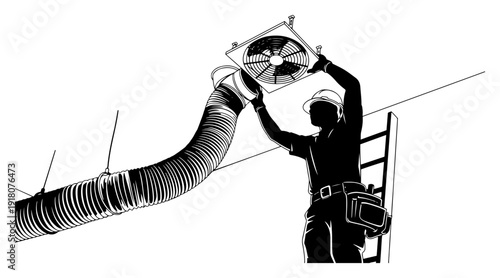 Silhouette of a construction worker installing industrial ventilation ductwork and exhaust fan system