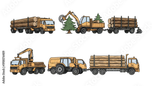 Logging Industry Fleet: Depicting a fleet of timber trucks and machinery, showcasing the vital processes and equipment used in the logging and timber transportation industry. 