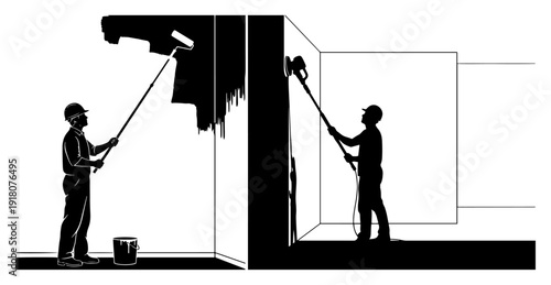 Interior renovation silhouettes of workers painting walls with rollers and using power sanders