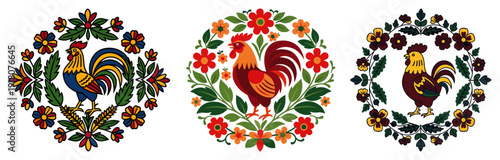 Set of circular emblems featuring colorful roosters inside decorative floral wreaths in folk art style