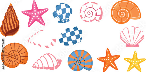 Colorful Seashell and Starfish Vector Set with Spiral Shells, Scallop, Conch and Nautical Marine Elements for Summer Beach Designs