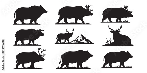 Big mammals of the northern lands vector silhouettes collection