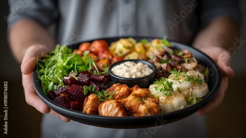 Wallpaper Mural A person holds a large dark plate brimming with a variety of colorful and healthy foods artfully arranged with dips and greens Torontodigital.ca