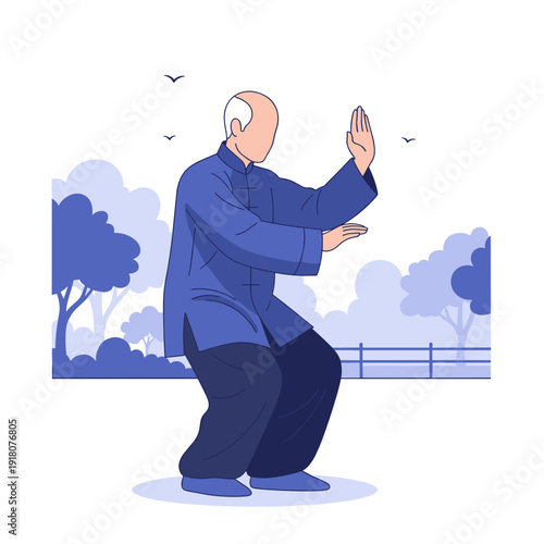 Elderly man practicing Tai Chi in a serene outdoor setting  