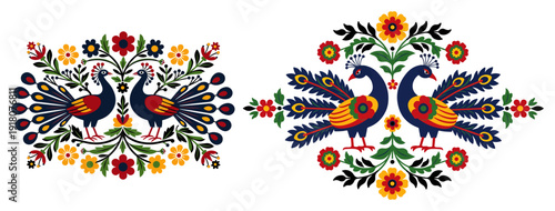 Set of two horizontal folk art compositions with peacocks and blooming flowers in ethnic style