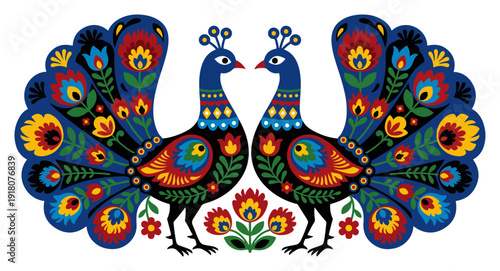 Vibrant symmetrical illustration of two peacocks in traditional Polish folk art style