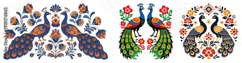 Collection of traditional folk art peacocks with colorful tail feathers and floral ornaments