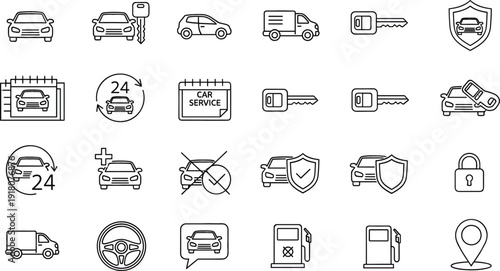 Car service and automotive maintenance outline icon set vehicle repair vector collection isolated on white background