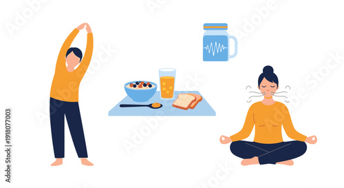 Meditation and yoga practice illustration with healthy breakfast and beverages