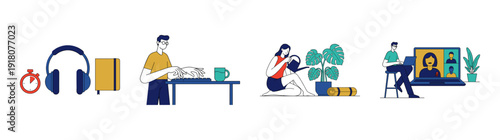 Flat Vector Remote Work and Wellness Illustration Set for Productivity and Home Office Balance