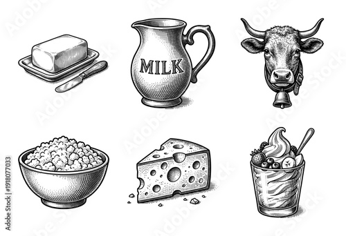 Vintage engraving style dairy product set featuring milk pitcher, butter, cheese, yogurt parfait, and cow head illustration.