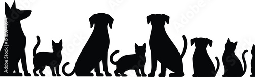 Black silhouette of dogs and cats lineup, pet family concept, animal companionship, veterinary care, pet adoption illustration