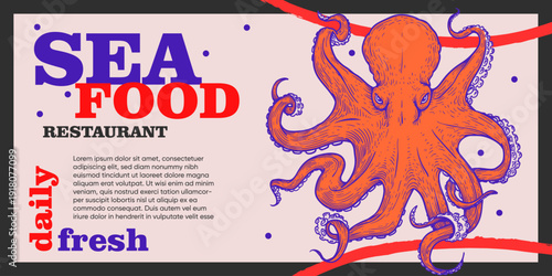 Seafood restaurant banner design template with hand drawn sketch style octopus. Vibrant modern colors. Vector illustration.