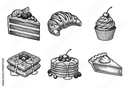 Vintage engraving style collection of assorted desserts and breakfast pastries featuring cake, croissant, cupcake, waffles, pancakes, and pie slice.