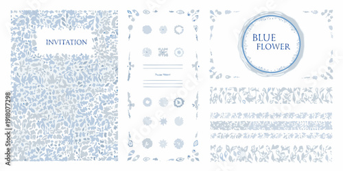 Blue floral invitation suite with decorative elements and textures