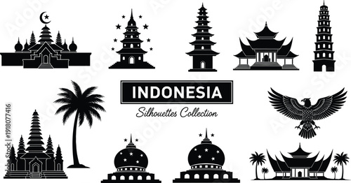 Indonesia Culture Silhouette Collection, Traditional Temple Architecture, Garuda Eagle, Pagoda Tower, Palm Tree and Mosque Icons, Southeast Asian Landmark Vector Set