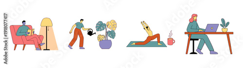 Flat Vector Lifestyle Activities Illustration Set for Remote Work and Wellness Design