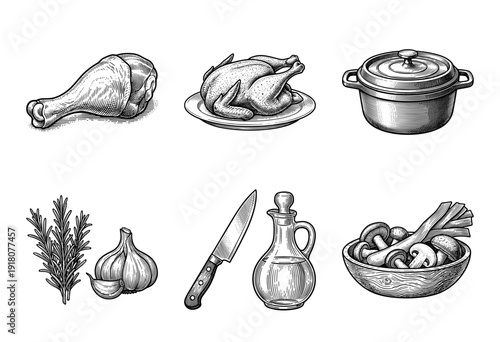 Set of hand drawn chicken cooking ingredients and kitchenware illustrations in vintage woodcut engraving style